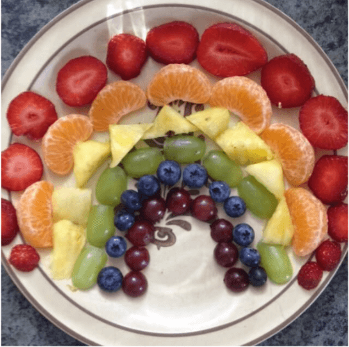 St. Patrick's Day pancakes with a fruit rainbow