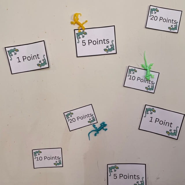 Students will throw sticky lizards to earn points for themselves or for their teams.