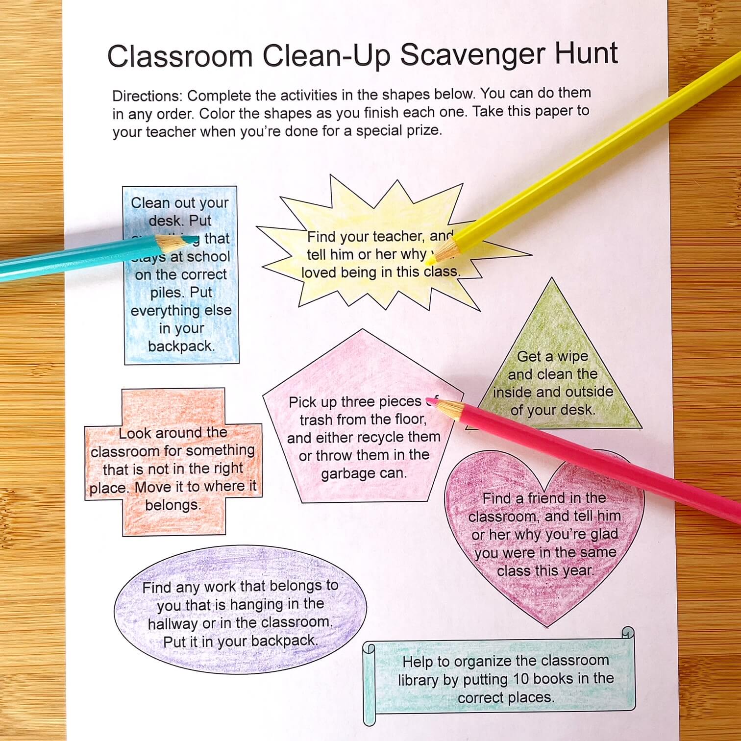 Use this classroom clean-up scavenger hunt to accomplish tasks on your end of the year to-do list.